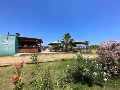 a building with a restaurant and flowers in the yard at Appartement cosy avec wifi en bord de mer in Poggio-Mezzana