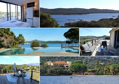 a collage of photos of houses and a lake at Superbe studio - Terrasse 360 avec vue mer in Pianottoli-Caldarello