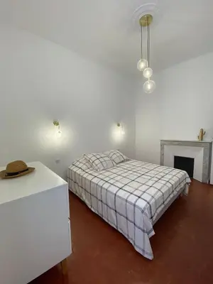 a white bedroom with a bed and a fireplace at Grand T2 Cours Napoléon A in Ajaccio