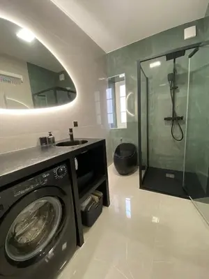 a bathroom with a washing machine and a shower at Grand T2 Cours Napoléon A in Ajaccio