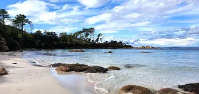 a beach with rocks and the ocean on a cloudy day at Grand T2 Cours Napoléon A in Ajaccio