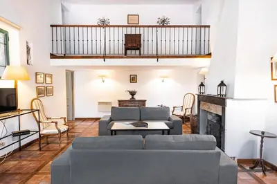 a living room with a couch and a fireplace at Les anciennes écuries, belle villa pour 12 personnes au coeur d'un vignoble avec piscine in Sartène