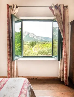 a bedroom with a window looking out at a vineyard at Le chai, belle villa pour 13 personnes au coeur d'un vignoble avec piscine in Sartène
