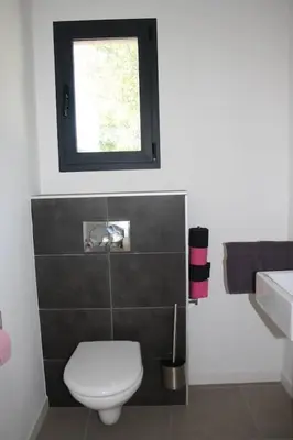 a bathroom with a white toilet and a window at Villa Mare piscine et spa in Zonza