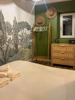 a bedroom with a bed and a green wall at Appartement citadelle Bonifacio Appolonie in Bonifacio
