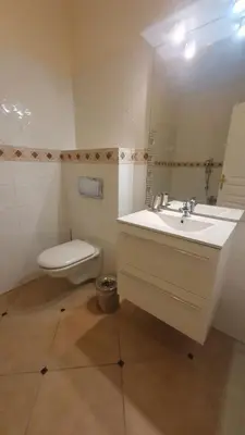 a bathroom with a sink and a toilet and a mirror at Villa eden blue F4 3 in Zonza