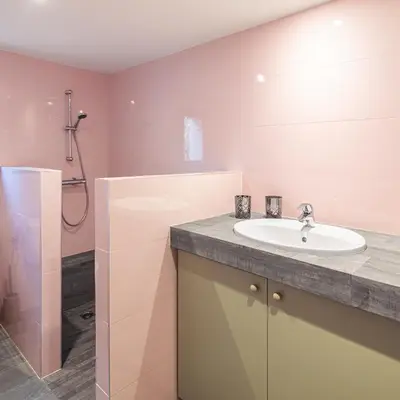a bathroom with a sink and a shower at La Maison sur la plage - Les pieds dans l'eau in Bonifacio