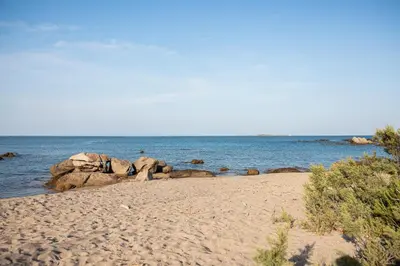 a sandy beach with rocks in the water at La Maison sur la plage - Les pieds dans l'eau in Bonifacio