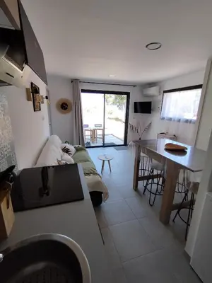 a kitchen and living room with a sink and a table at incore di u maquis corsu in Sotta