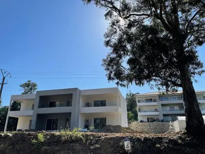 a white building with a tree in front of it at Appartement Solaro, plage à 100m in Solaro
