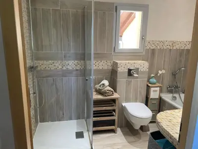 a bathroom with a shower and a toilet at Jolie maison familiale au cœur des vignes in Sartène