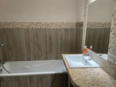 a bathroom with a tub and a sink at Jolie maison familiale au cœur des vignes in Sartène