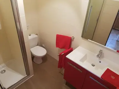 a bathroom with a toilet and a sink and a mirror at Magique Creek, piscine naturelle dans les rochers in Zonza