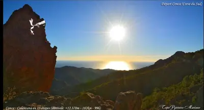 a person jumping off of a mountain at sunset at Magique Creek, piscine naturelle dans les rochers in Zonza