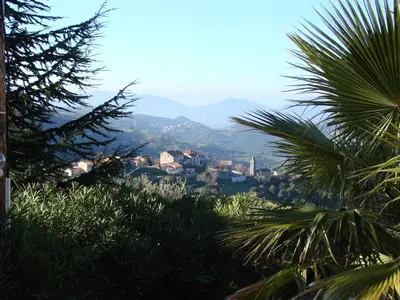a view of a city from a hill with palm trees at Gîtes ruraux Aria Falcona in Santa-Maria-Figaniella