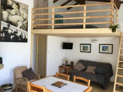 a living room with a loft bed and a table at Gîtes ruraux Aria Falcona in Santa-Maria-Figaniella