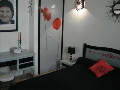 a bedroom with a bed and a desk with a candle at Gîtes ruraux Aria Falcona in Santa-Maria-Figaniella