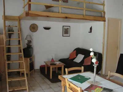 a living room with a couch and a bunk bed at Gîtes ruraux Aria Falcona in Santa-Maria-Figaniella