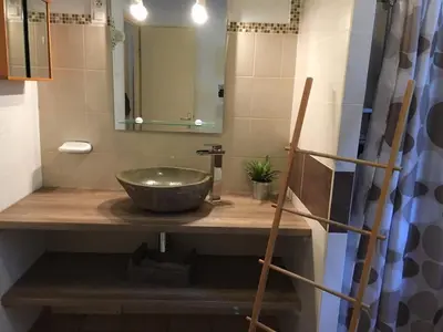 a bathroom with a bowl sink and a mirror at Gîtes ruraux Aria Falcona in Santa-Maria-Figaniella