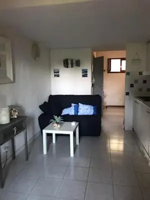 a living room with a couch and a table at Mini villa a 300m de la plage in Zonza