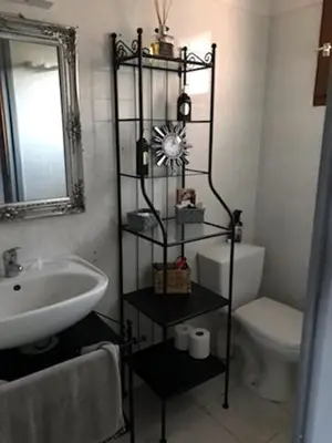 a bathroom with a sink and a toilet and a shelf at Mini villa a 300m de la plage in Zonza