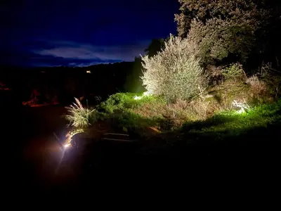 a garden at night with lights in the grass at Villa Giuliana Paisible & spacieuse AREGNO in Aregno