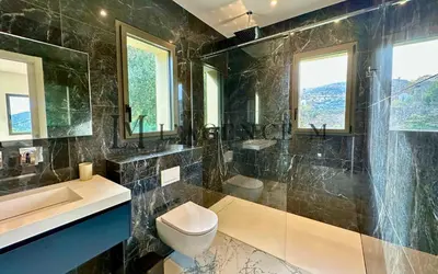 a bathroom with a toilet and a sink and a shower at Villa Giuliana Paisible & spacieuse AREGNO in Aregno