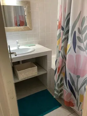 a bathroom with a sink and a shower curtain at Mini villa en duplex vue mer à 500 m de la plage de Santa Giulia in Porto-Vecchio