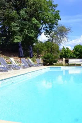 a large swimming pool with chairs and umbrellas at Auberge - Hotel U Paradisu in Vico