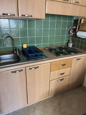 a kitchen with a sink and a stove top oven at Les jardins de la mer marine de Bravone in Linguizzetta