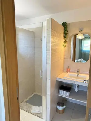 a bathroom with a shower and a sink and a mirror at Villa - Porto-Vecchio - Piscine privée in Porto-Vecchio