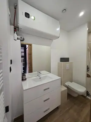 a bathroom with a white sink and a toilet at New Superbe F2 refait à neuf tout confort avec piscine et mer à pied in Serra-di-Ferro