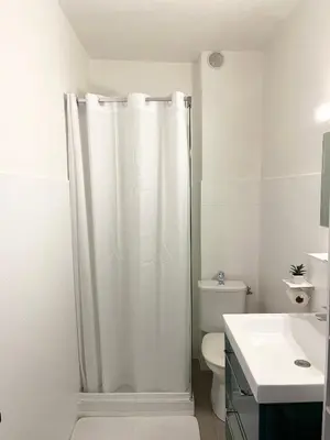 a white bathroom with a shower and a toilet at Charmant T2 lumineux avec terrasse in Propriano