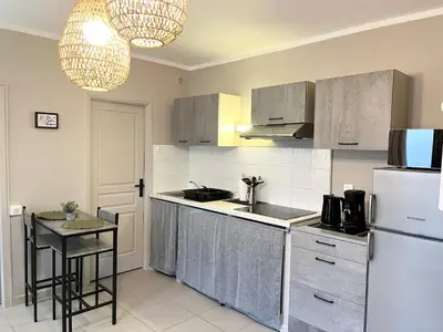 a kitchen with a refrigerator and a table in it at Charmant T2 lumineux avec terrasse in Propriano