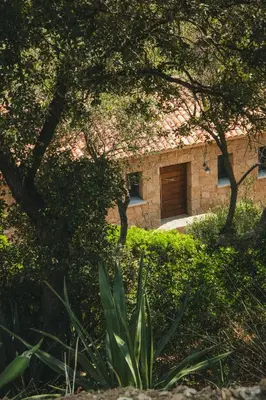 a stone building with a brown door and trees at Casi di Mare in Cargèse