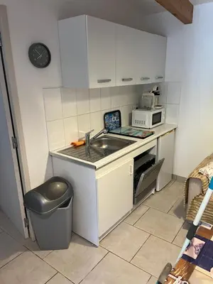 a small kitchen with a sink and a microwave at Bonifacio tranquillité paradis in SantʼAmanza