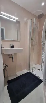 a bathroom with a shower and a sink at Maison de standing avec piscine vue mer Corse du sud Pozzaccio, Portigliolo 2 à 6 personnes 3 chambres in Coti-Chiavari