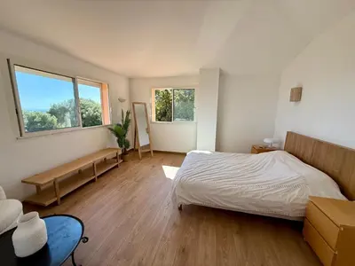 a bedroom with a bed and two windows at Villa vue mer, spacieuse, piscine privée in Sari Solenzara
