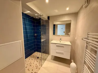 a bathroom with a sink and a glass shower at Villa vue mer, spacieuse, piscine privée in Sari Solenzara