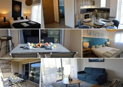 a collage of photos of a living room and a kitchen at Villa Tranquille - Maison 4 étoiles 2 Chambres Bonifacio in Bonifacio