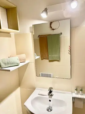 a bathroom with a sink and a mirror at Coquet T2 pres des plages in Propriano