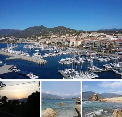 a collage of photos of a harbor with boats at Coquet T2 pres des plages in Propriano