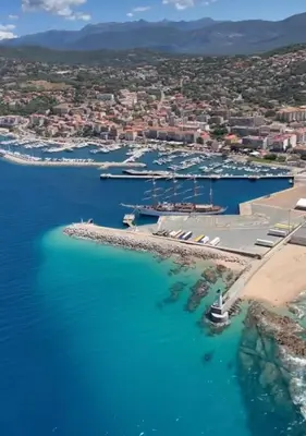 an aerial view of a harbor with boats in the water at Joli T2 petite vue mer in Propriano