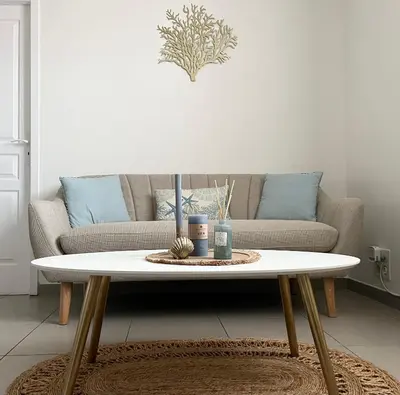 a coffee table in a living room with a couch at Joli T2 petite vue mer in Propriano