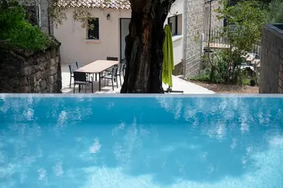 a blue swimming pool with a tree and a table at Noscia Nivaledda - Stone house, with pool in Porto-Vecchio