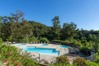 a resort pool with chairs and trees in the background at Camping Sole Di Sari in Sari Solenzara