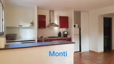 a kitchen with red cabinets and a counter top at Gite de 90m2 proche de la mer avec grande piscine MONTI in Canale-di-Verde