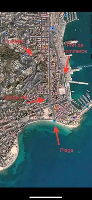 a map of a city with two red arrows at Charmant Studio à Ajaccio in Ajaccio