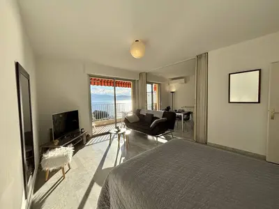 a bedroom with a bed and a couch and a television at Studio vue mer le Neptune sanguinaires Ajaccio in Ajaccio