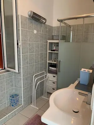 a bathroom with a sink and a shower at Appartement Vezzani Centre Corse in Vezzani